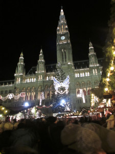 Crowds throng to the Rathaus (the Town Hall) during the Christmas Market