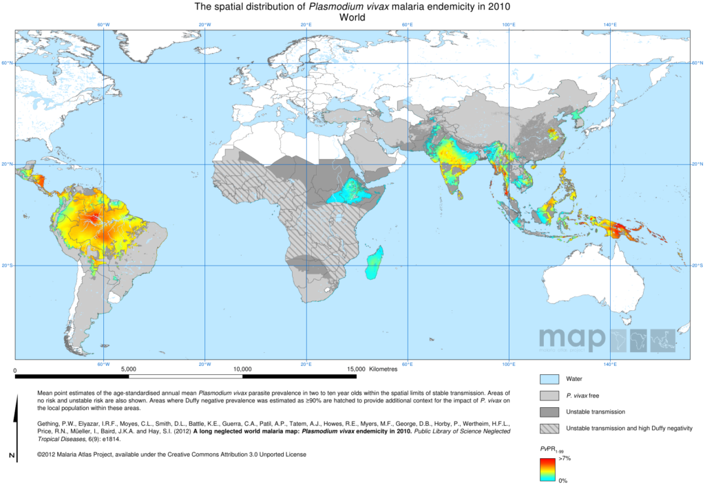 Figure 2B: Endemicity map of the Plasmodium vivax in 2010 (Image credit: The Malaria Atlas Project)